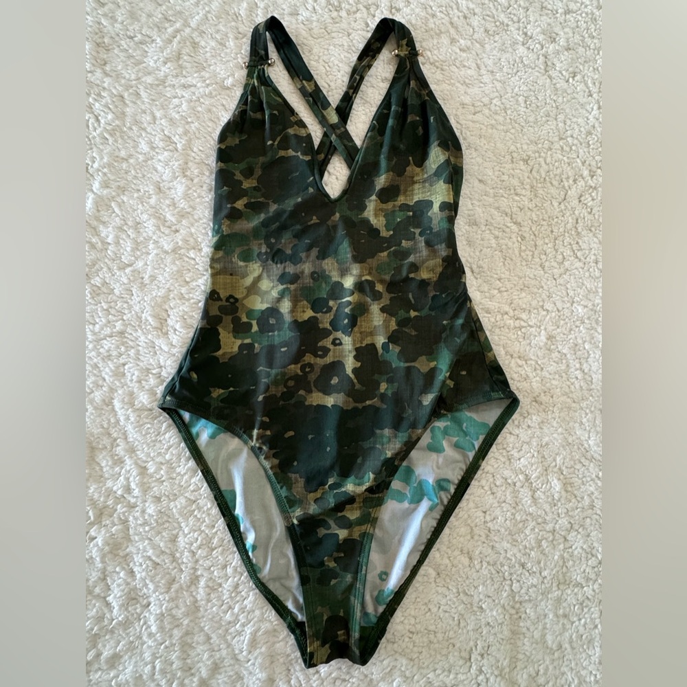 ROBIN PICCONE EDEN PLUNGE ONE PIECE SWIMSUIT in GREEN MULTI CAMO SIZE 10